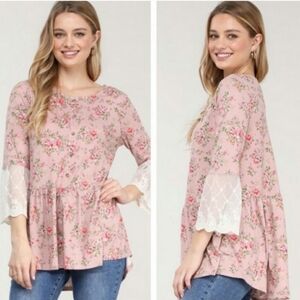 Ninexis Floral Rosette Lace Sleeve Blouse Top Small